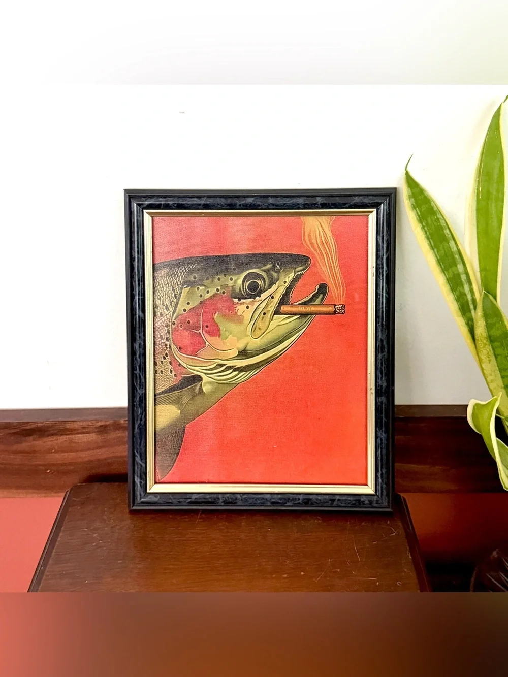 Trout Fish Smoking a Cigarette Vintage Style Canvas Wall Art Print Gold Framed